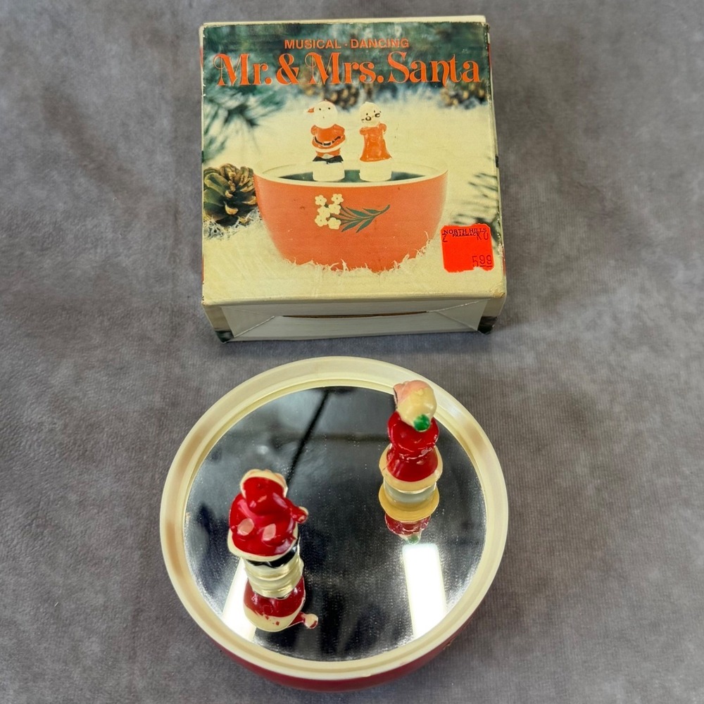B and E Sales Musical Dancing Mr & Mrs Santa Music Box Red Vintage Hong Kong